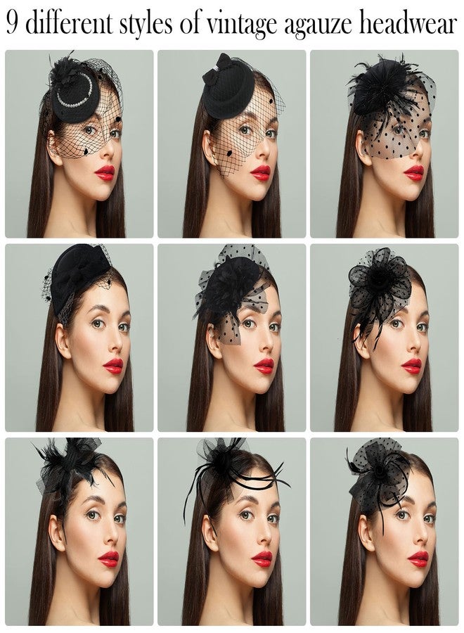 Cuffbow 27 Pcs Black Fascinator Hats Funeral Veil with Folding Fan Lace Gloves for Women Church Halloween Tea Party Headwear - Image 2